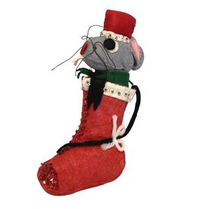 Vintage 1970's Handmade Felt Mouse Stocking Ornaments Sequins Glitter Bead Santa